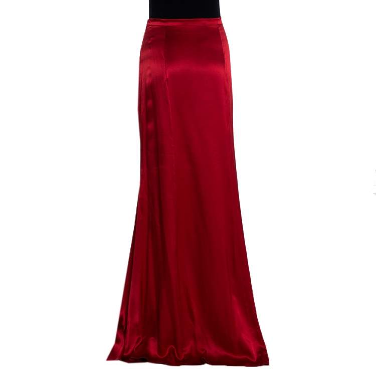 Pre Owned Roberto Cavalli Red Silk Satin Flared Maxi Skirt L