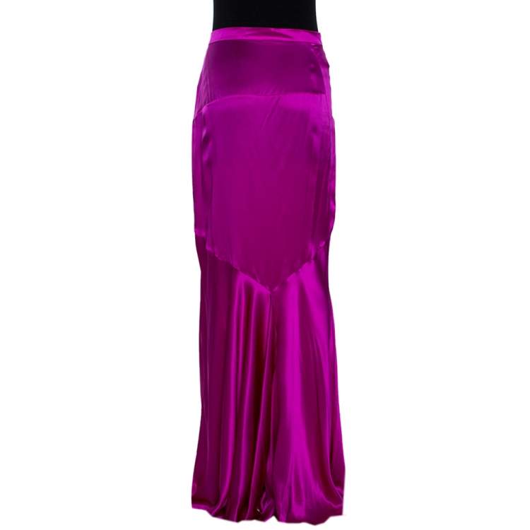 Pre Owned Roberto Cavalli Fuschia Pink Satin Silk Flared Maxi Skirt L