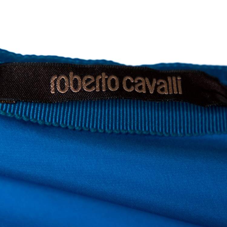 Pre Owned Roberto Cavalli Blue Silk Satin Flared Maxi Skirt L