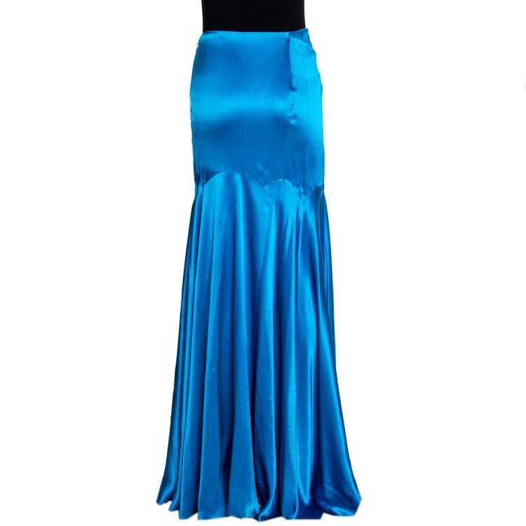 Pre Owned Roberto Cavalli Blue Silk Satin Flared Maxi Skirt L