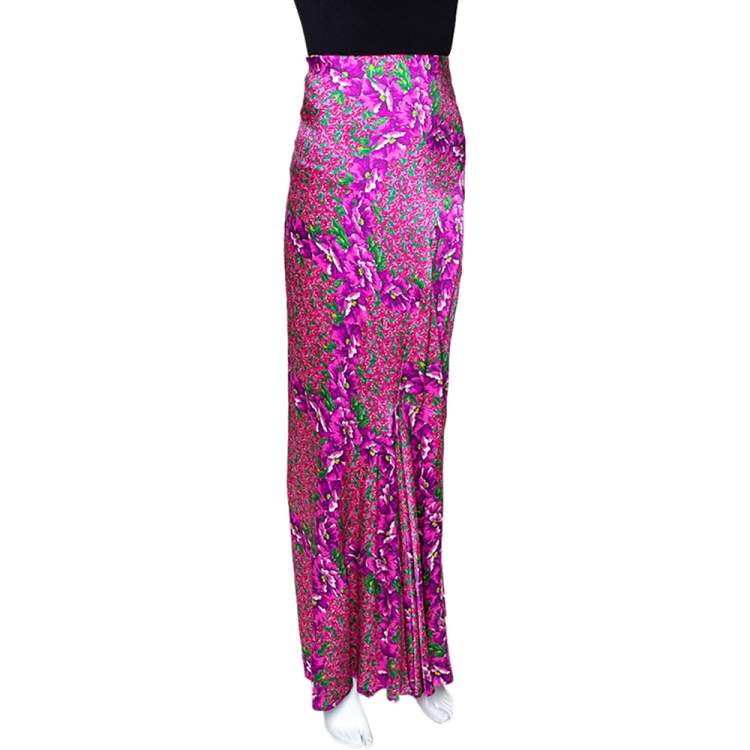 Pre Owned Roberto Cavalli Pink Floral Print Silk Satin Flared Maxi Skirt L