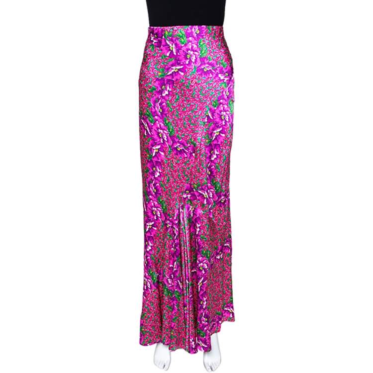 Roberto Cavalli Pink Floral Print Silk Satin Flared Maxi Skirt L ...