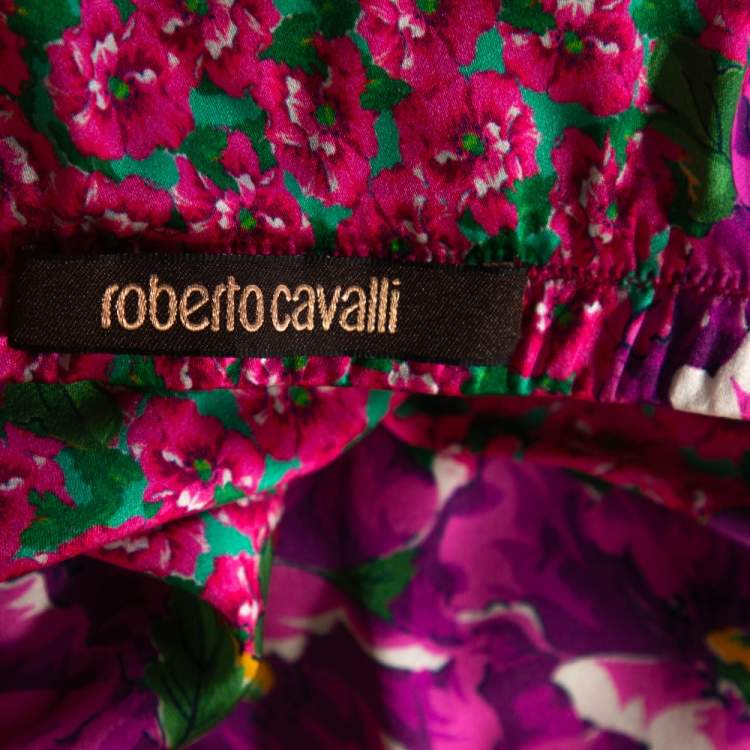 Pre Owned Roberto Cavalli Pink Floral Print Silk Satin Flared Maxi Skirt L