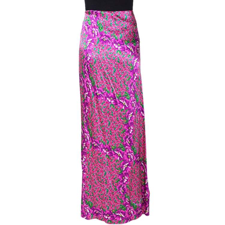 Pre Owned Roberto Cavalli Pink Floral Print Silk Satin Flared Maxi Skirt L