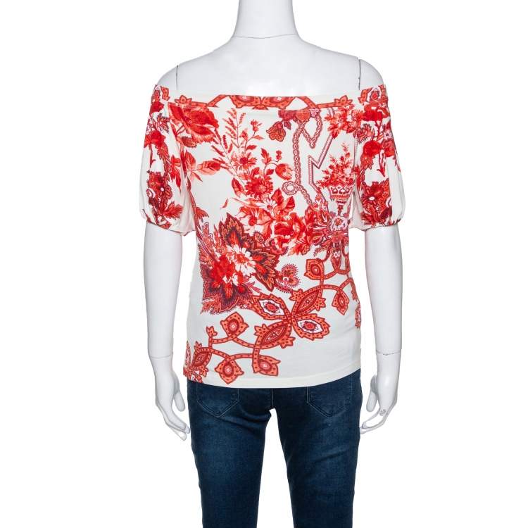 Pre Owned Roberto Cavalli White and Red Floral Print Off Shoulder Top L