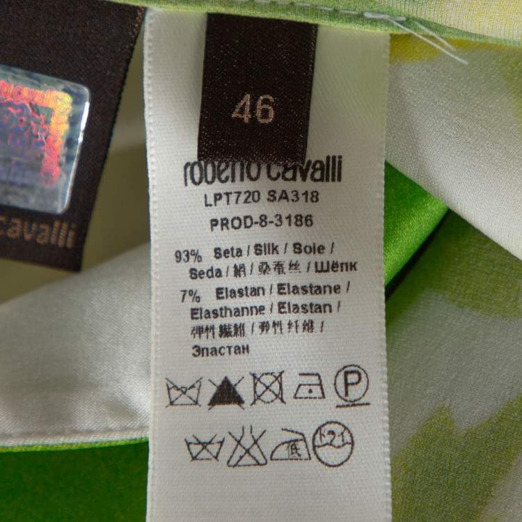 Pre Owned Roberto Cavalli White & Green Printed Stretch Silk Button Front Shirt L