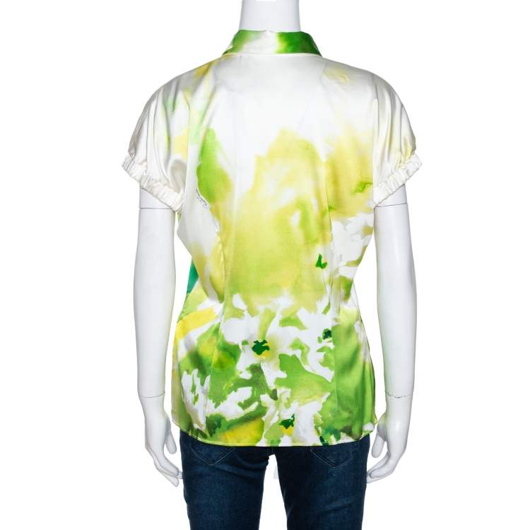 Pre Owned Roberto Cavalli White & Green Printed Stretch Silk Button Front Shirt L