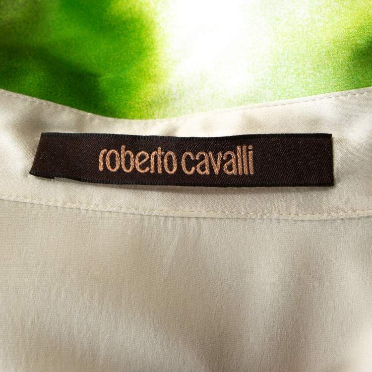 Pre Owned Roberto Cavalli White & Green Printed Stretch Silk Button Front Shirt L