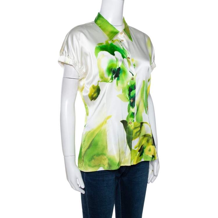Pre Owned Roberto Cavalli White & Green Printed Stretch Silk Button Front Shirt L
