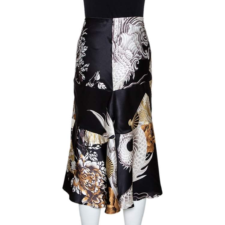 Pre Owned Roberto Cavalli Black & Gold Dragon Print Silk Flared Skirt L