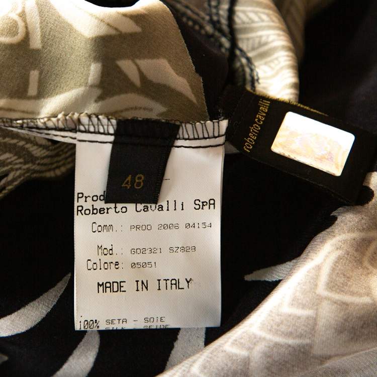 Pre Owned Roberto Cavalli Black & Gold Dragon Print Silk Flared Skirt L