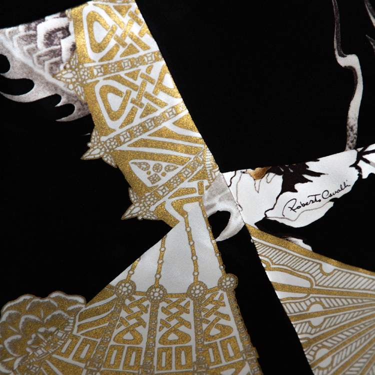 Pre Owned Roberto Cavalli Black & Gold Dragon Print Silk Flared Skirt L