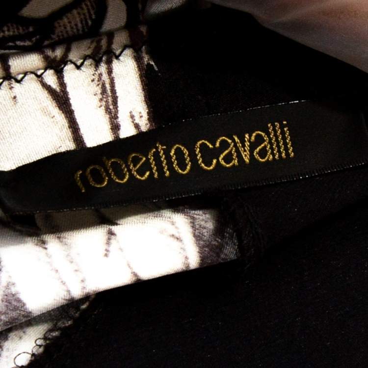 Pre Owned Roberto Cavalli Black & Gold Dragon Print Silk Flared Skirt L