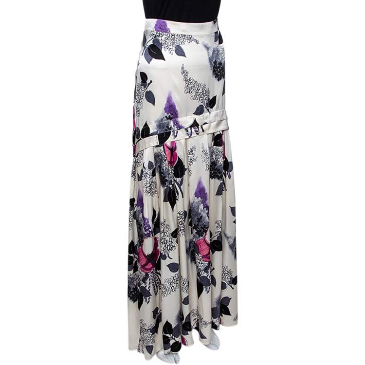 Pre Owned Roberto Cavalli Cream Floral Print Silk Pleated Maxi Skirt L