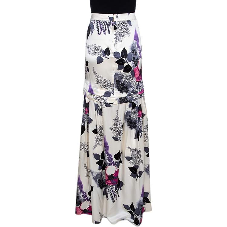 Pre Owned Roberto Cavalli Cream Floral Print Silk Pleated Maxi Skirt L