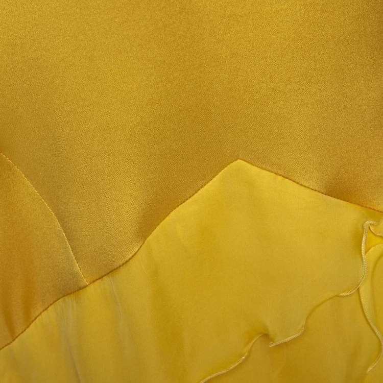 Pre Owned Roberto Cavalli Canary Yellow Silk Ruffle Tiered Skirt L