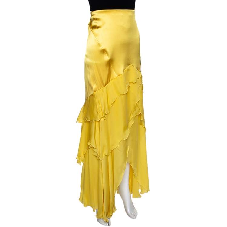 Pre Owned Roberto Cavalli Canary Yellow Silk Ruffle Tiered Skirt L