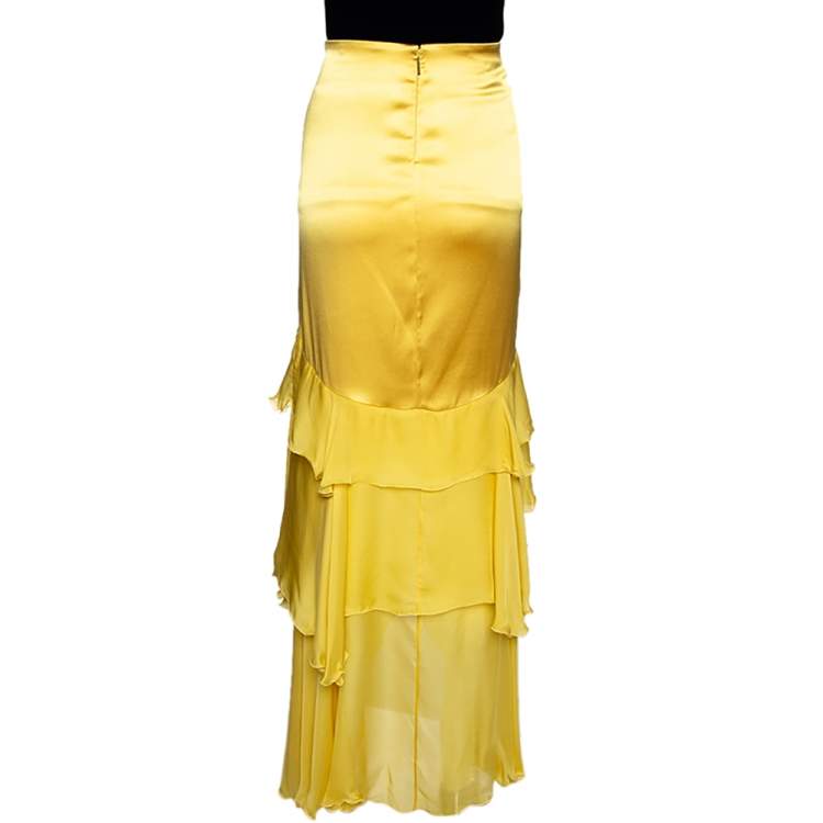 Pre Owned Roberto Cavalli Canary Yellow Silk Ruffle Tiered Skirt L