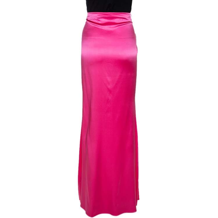 Pre Owned Roberto Cavalli Pink Embellished Stretch Satin Silk Maxi Skirt L