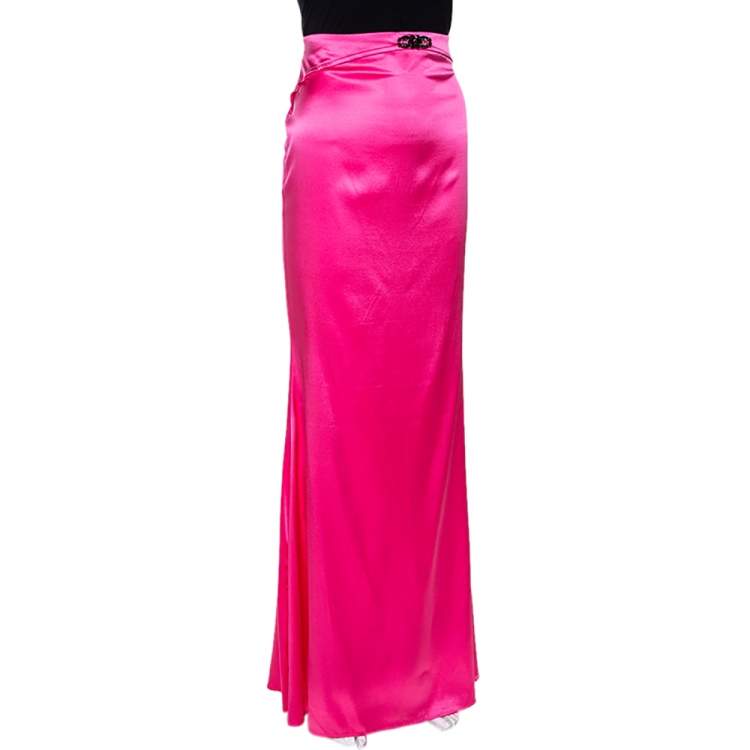 Pre Owned Roberto Cavalli Pink Embellished Stretch Satin Silk Maxi Skirt L