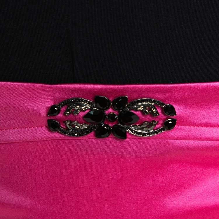 Pre Owned Roberto Cavalli Pink Embellished Stretch Satin Silk Maxi Skirt L
