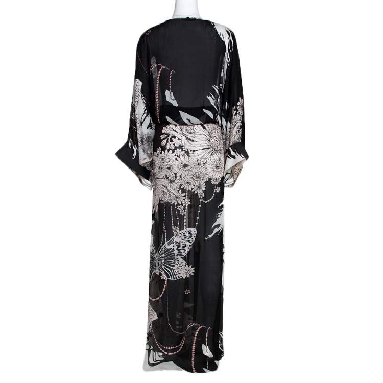 مملوكة مسبقًا Roberto Cavalli Black Floral Print Silk Oversized Maxi Kaftan S