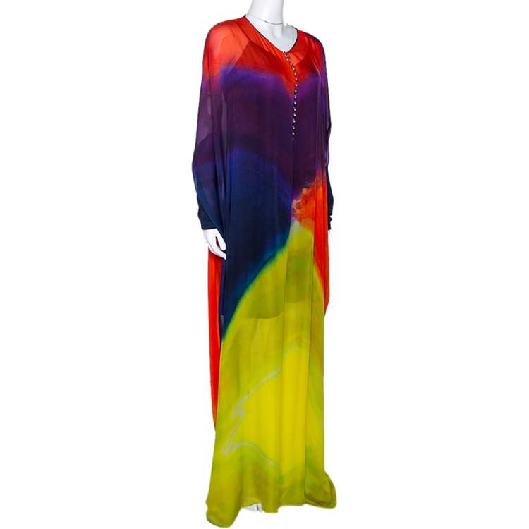 Pre Owned Roberto Cavalli Multicolor Dyed Ombre Silk Kaftan Dress L