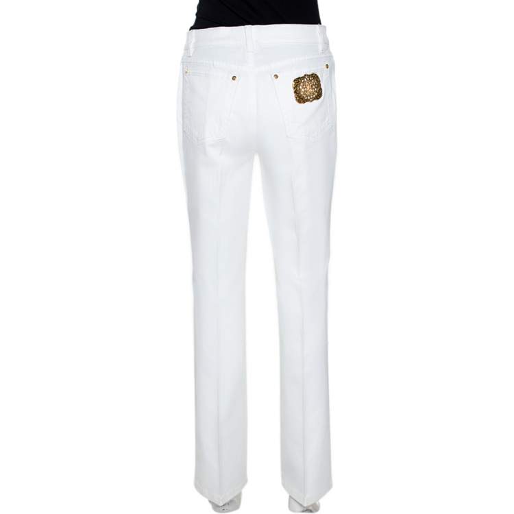 Pre Owned Roberto Cavalli White Denim Embellished Pocket Detail Jeans M