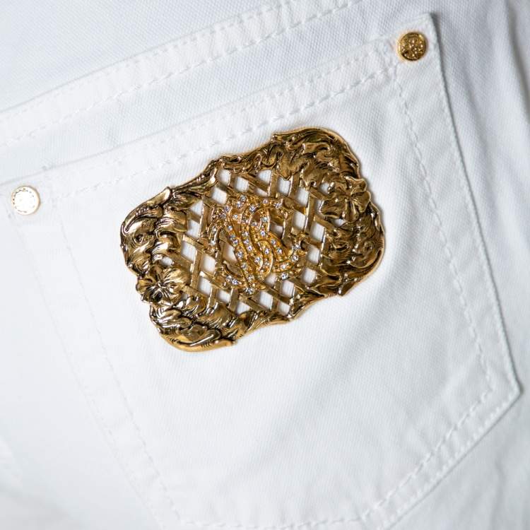 Pre Owned Roberto Cavalli White Denim Embellished Pocket Detail Jeans M