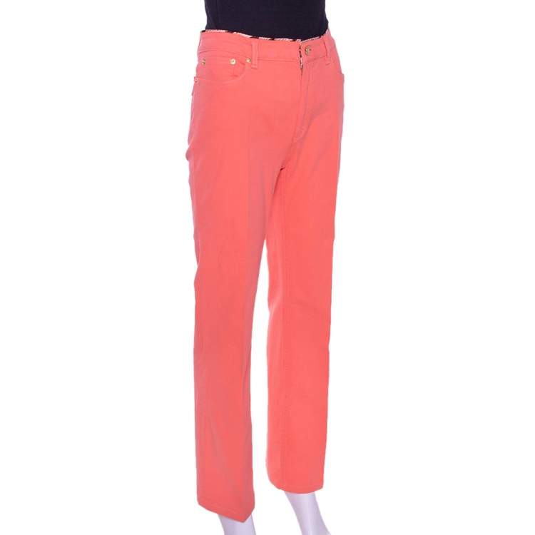 Pre Owned Roberto Cavalli Coral Pink Cotton Logo Plaque Detail Jeans L