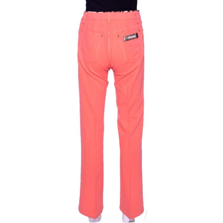 Pre Owned Roberto Cavalli Coral Pink Cotton Logo Plaque Detail Jeans L