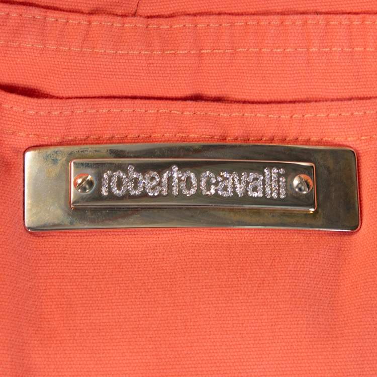 Pre Owned Roberto Cavalli Coral Pink Cotton Logo Plaque Detail Jeans L