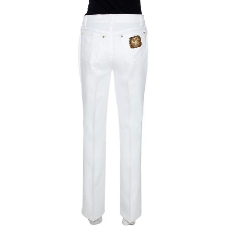 Pre Owned Roberto Cavalli White Denim Embellished Pocket Detail Jeans M