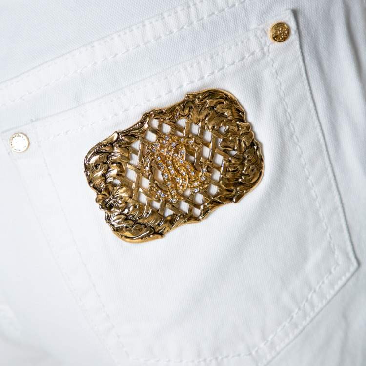 Pre Owned Roberto Cavalli White Denim Embellished Pocket Detail Jeans M