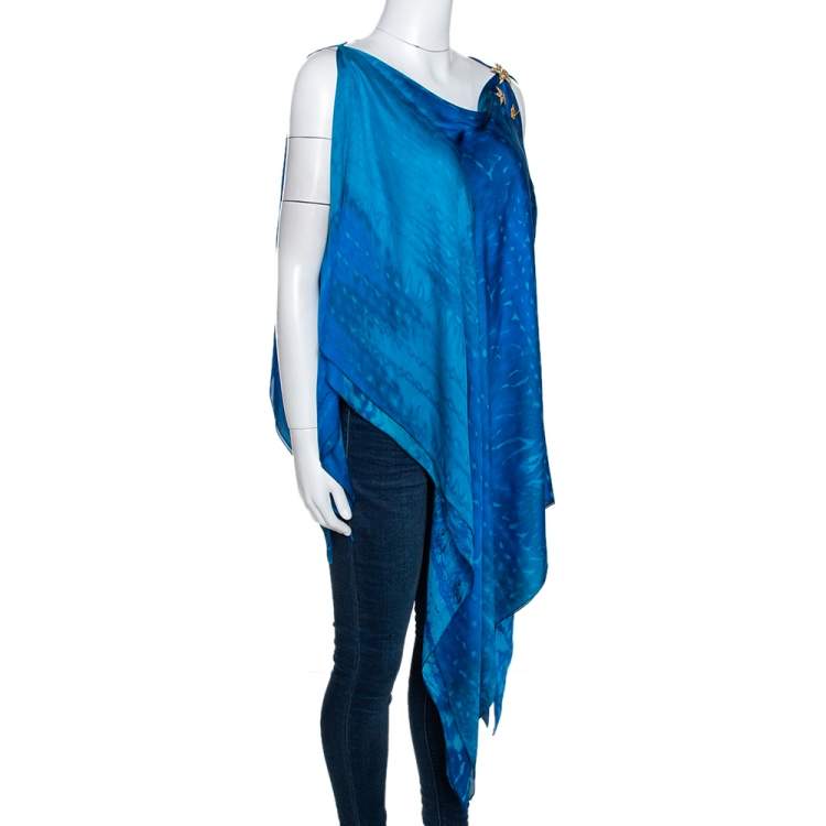 Pre Owned Roberto Cavalli Blue Leopard Printed Silk Brooch Detail Asymmetrical Top S