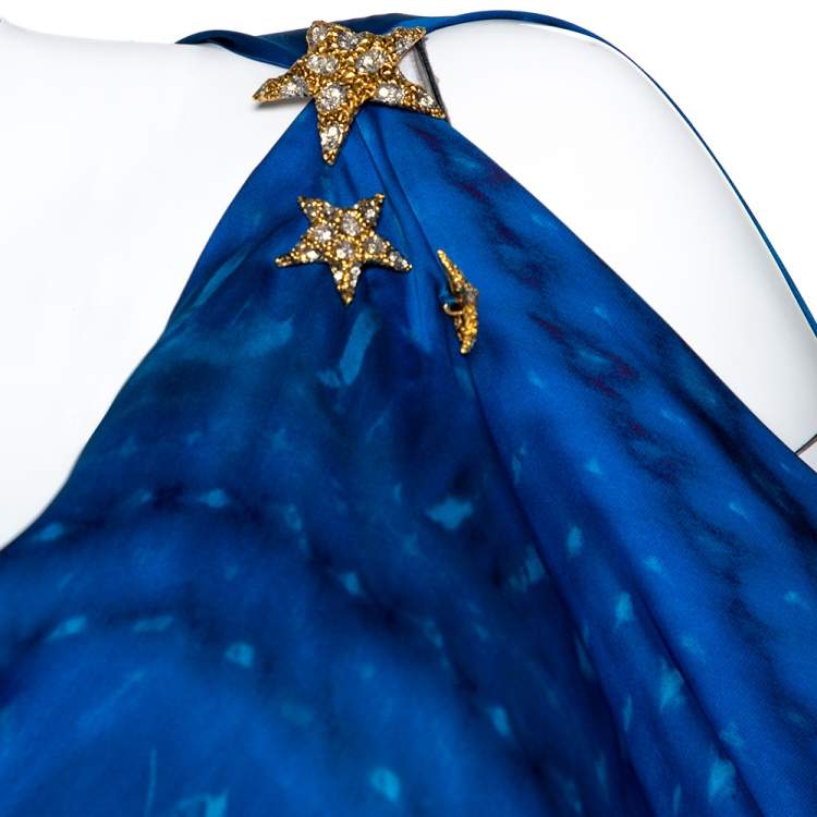 Pre Owned Roberto Cavalli Blue Leopard Printed Silk Brooch Detail Asymmetrical Top S