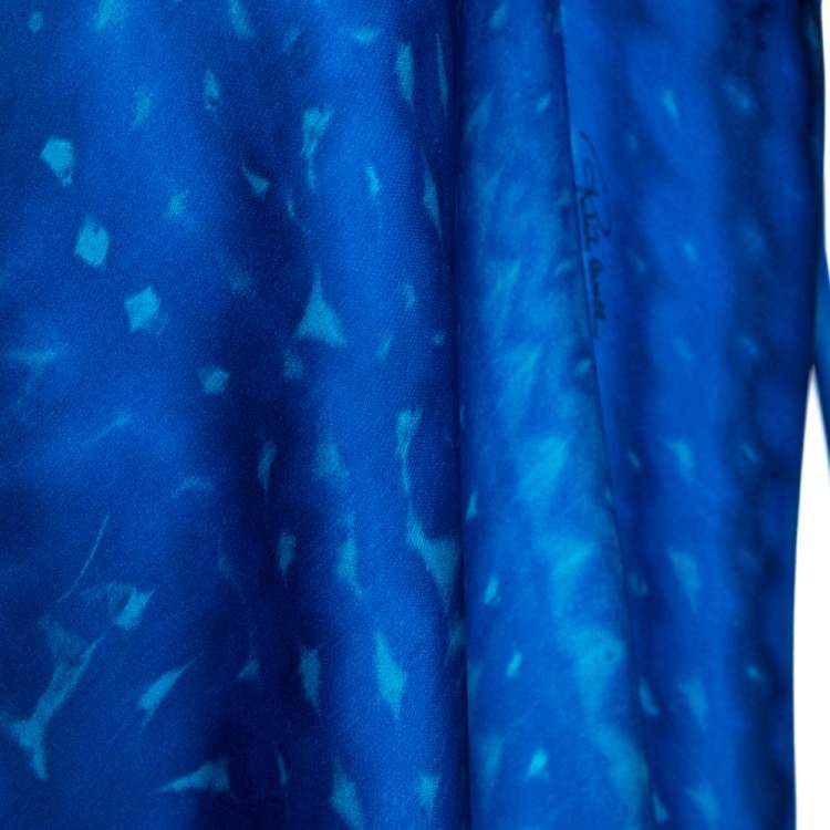 Pre Owned Roberto Cavalli Blue Leopard Printed Silk Brooch Detail Asymmetrical Top S