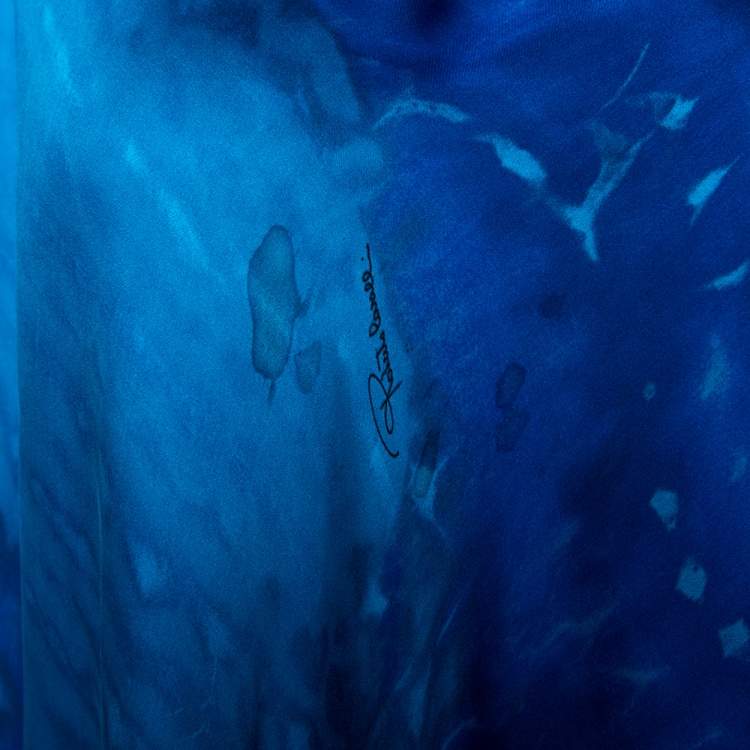 Pre Owned Roberto Cavalli Blue Leopard Printed Silk Brooch Detail Asymmetrical Top S