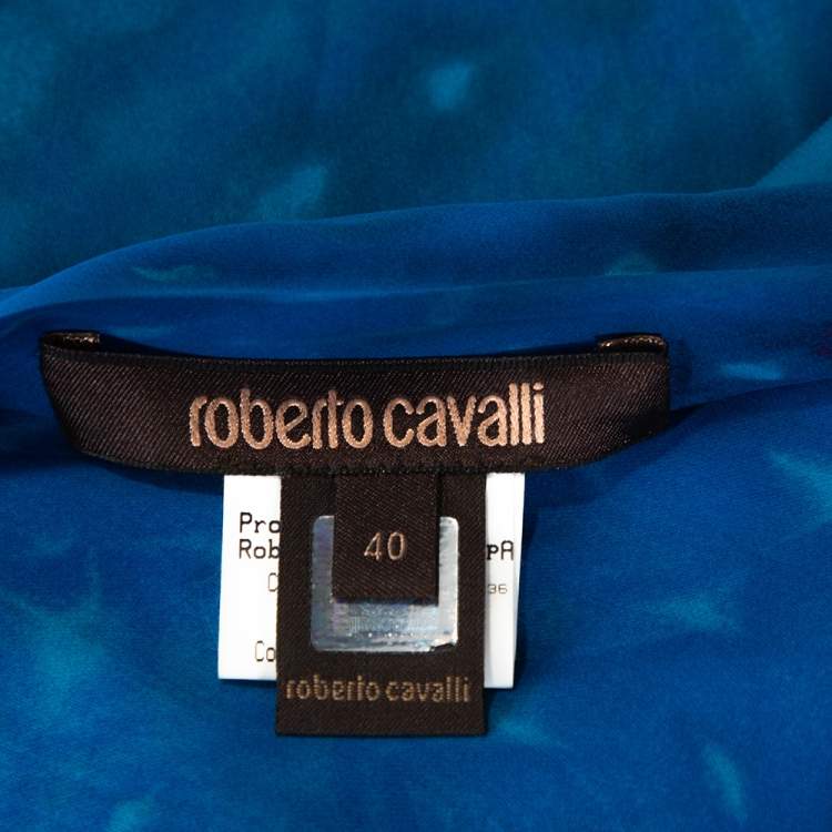 Pre Owned Roberto Cavalli Blue Leopard Printed Silk Brooch Detail Asymmetrical Top S
