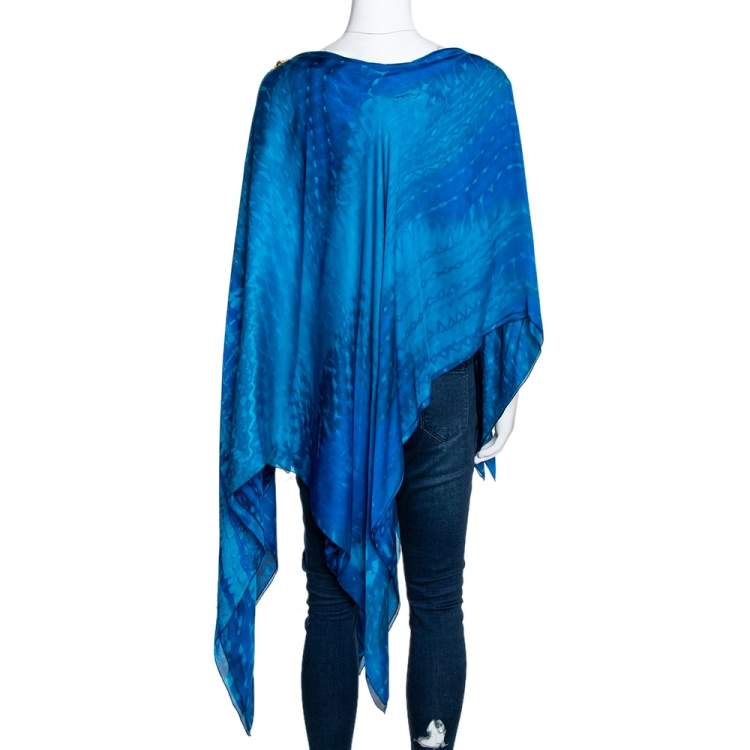 Pre Owned Roberto Cavalli Blue Leopard Printed Silk Brooch Detail Asymmetrical Top S