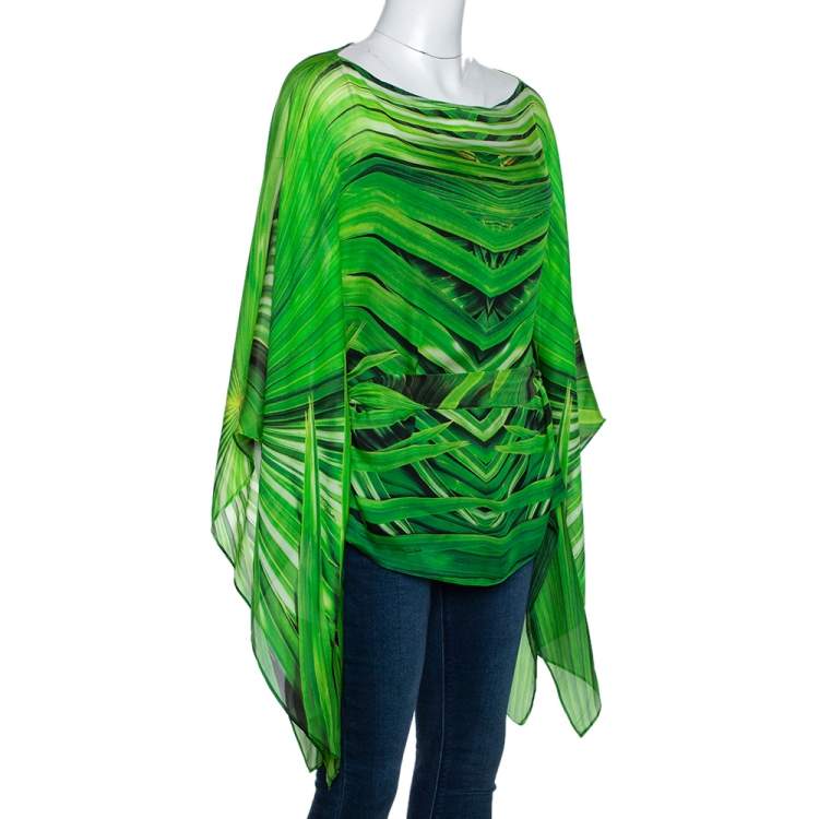 Pre Owned Roberto Cavalli Green Printed Silk Belted Kaftan Top M