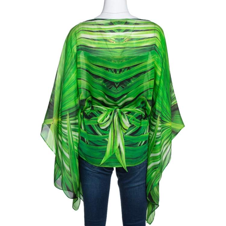 Pre Owned Roberto Cavalli Green Printed Silk Belted Kaftan Top M