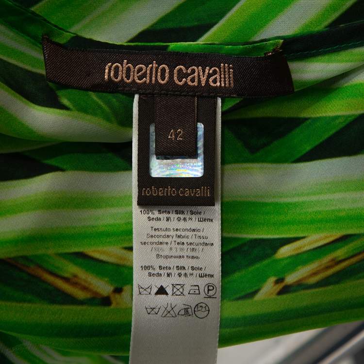 Pre Owned Roberto Cavalli Green Printed Silk Belted Kaftan Top M