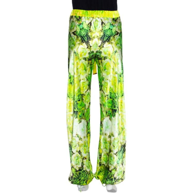 Pre Owned Roberto Cavalli Light Green Floral Printed Silk Pants M 