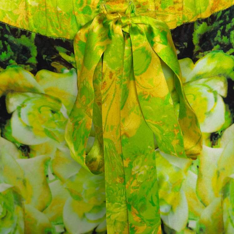 Pre Owned Roberto Cavalli Light Green Floral Printed Silk Pants M 