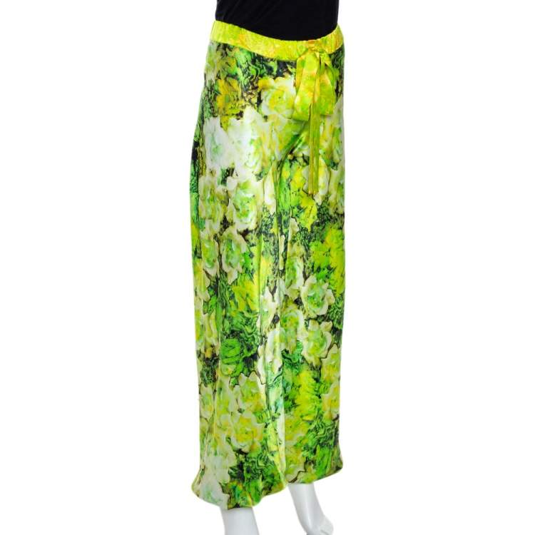 Pre Owned Roberto Cavalli Light Green Floral Printed Silk Pants M 