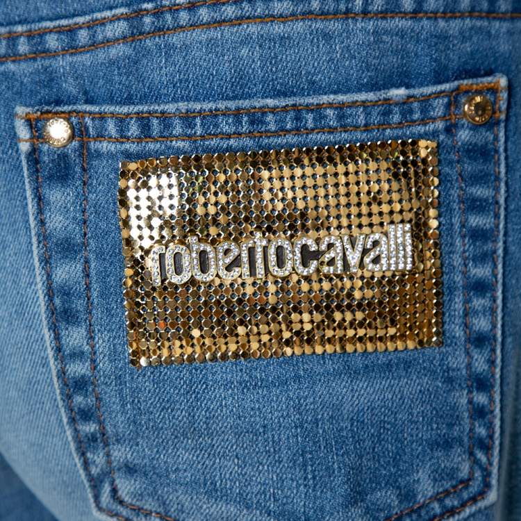 Pre Owned Roberto Cavalli Blue Distressed Denim Embellished Patch Jeans M