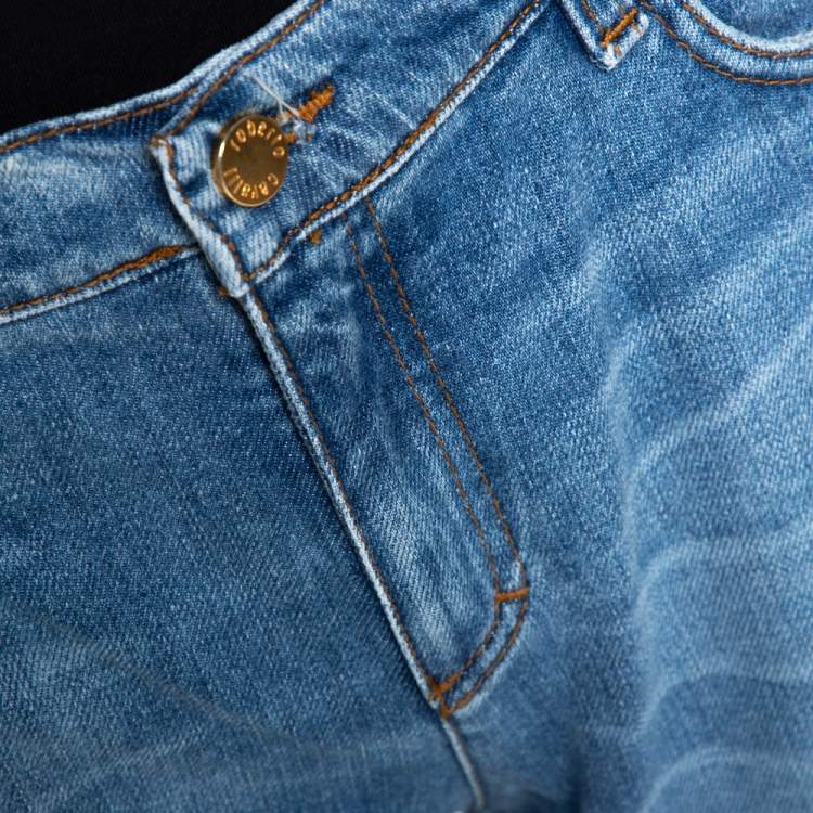 Pre Owned Roberto Cavalli Blue Distressed Denim Embellished Patch Jeans M