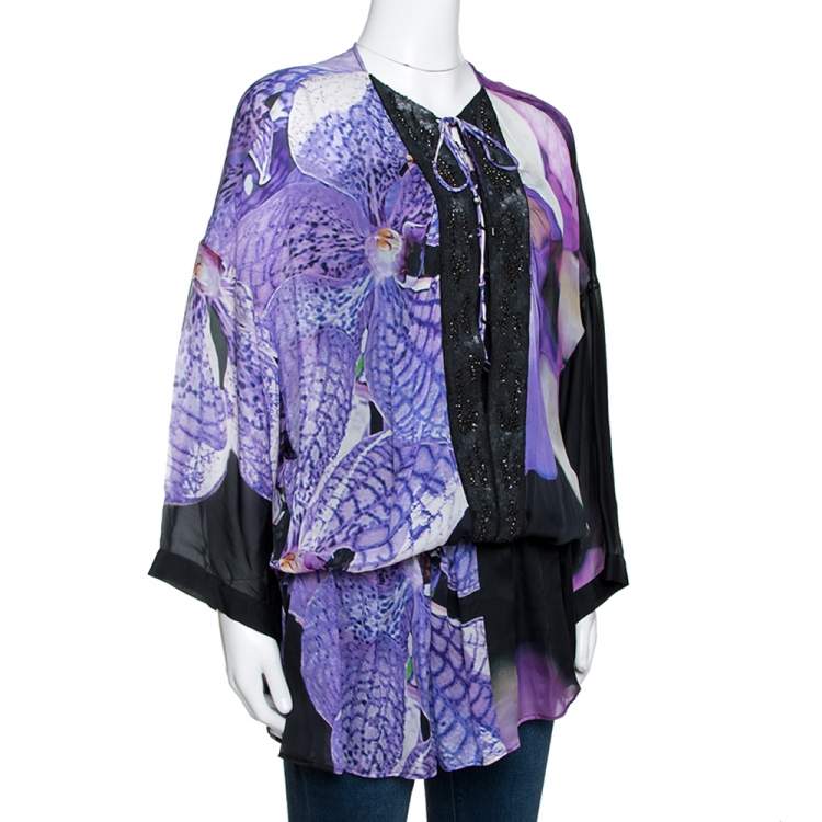 Pre Owned Roberto Cavalli Purple Floral Printed Silk Sequin Embellished Sheer Tunic L 