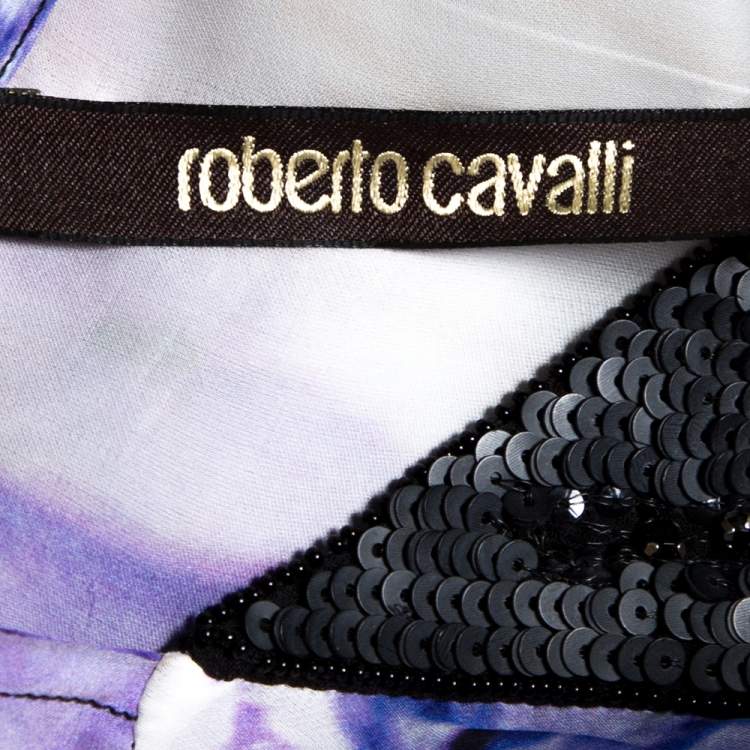 Pre Owned Roberto Cavalli Purple Floral Printed Silk Sequin Embellished Sheer Tunic L 